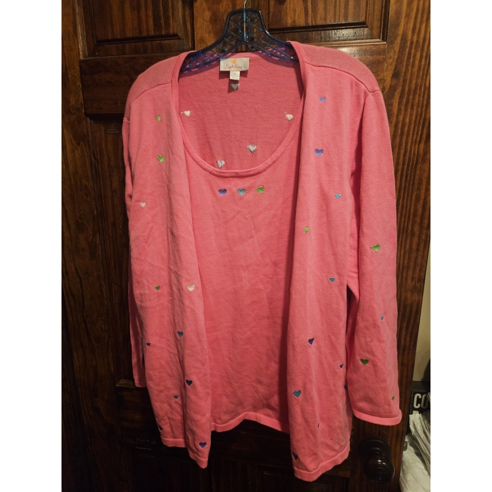 Quacker Factory Pink Embroidered Heart Shirt Built In Shawl Plus Size 2X Blouse